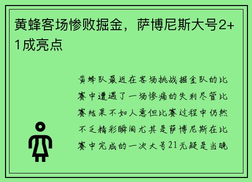 黄蜂客场惨败掘金，萨博尼斯大号2+1成亮点